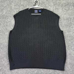 T. Harris Sweater Vest Mens Large Black Cable Knit V Neck Cotton Pullover Casual
